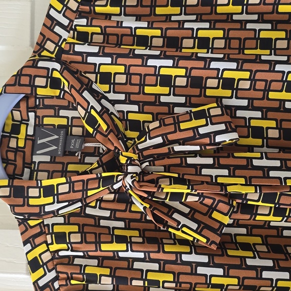 WORTHINGTON WOMENS PETITE PLUS BROWN & YELLOW SYMMETRICAL BLOUSE SIZE PXXL - Picture 3 of 16